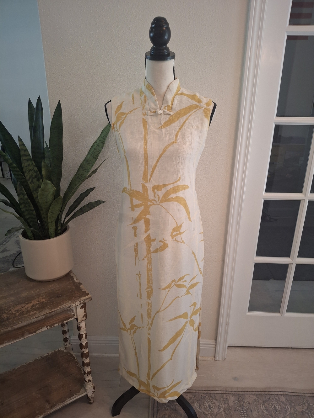 Vintage 60s Sleeveless Cream Maxi Dress with Yellow Bamboo Print Hawaiin Dress